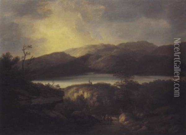 View Of A Loch, Figures On A Rocky Path Before Oil Painting - Alexander Nasmyth