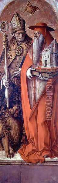 SS. Jerome and Augustine, side panel from the Madonna della Candeletta triptych Oil Painting - Carlo Crivelli