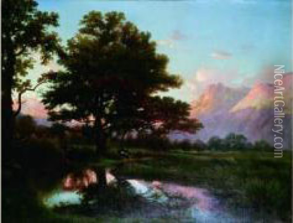 Troupeau De Vaches S'abreuvant Au Pied Des Montagnes Oil Painting - Charles Louis Guigon
