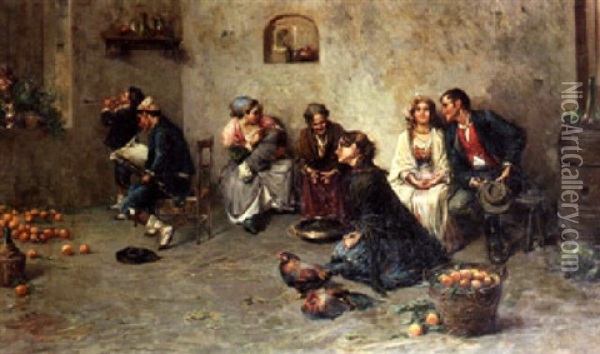 A Family Scene In An Interior Oil Painting - Luca Pastiglione