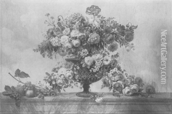 Vase De Fleurs Et Grappes De Raisins Sur Un Entablement Oil Painting - Elise Bruyere
