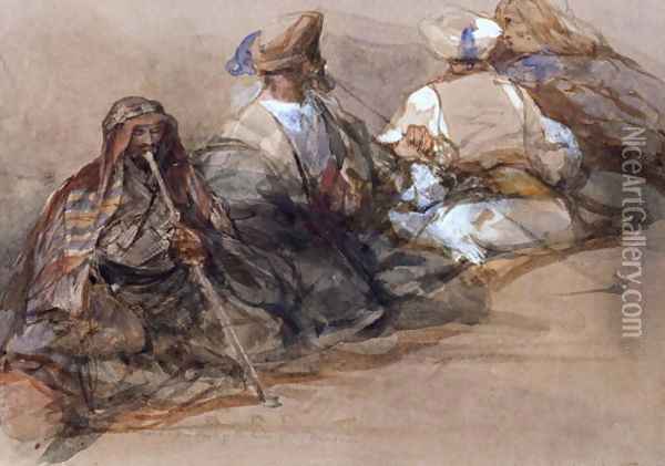 Group of Arab figures, two smoking a cubuk Oil Painting - David Roberts