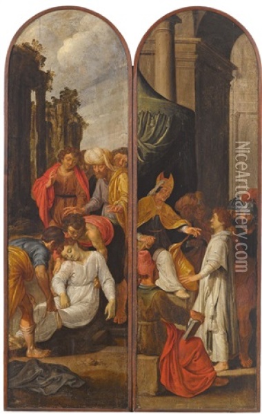 Zwei Flugel Eines Triptychons: Linker Flugel: Die Grablegung Des Heiligen Stephanus (recto) Oil Painting - Pieter Lastman