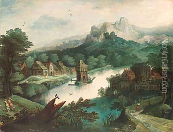 A wooded river landscape with figures by a village and a tower on an island Oil Painting - Tobias van Haecht (see Verhaecht)