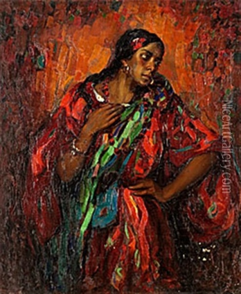 Kvinna I Rod Klanning Oil Painting - Filip Malyavin