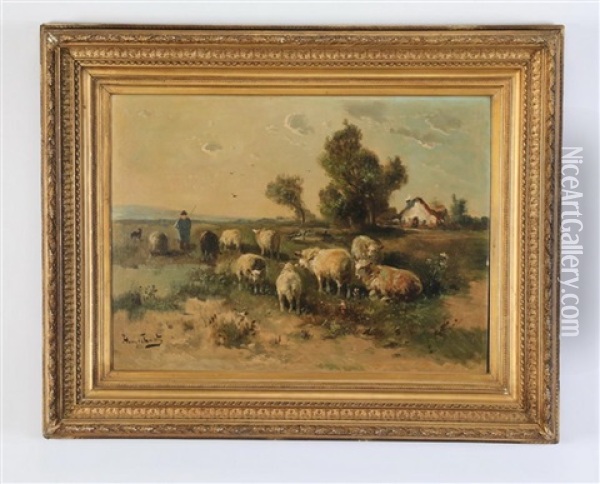 A Pastoral Scene Of A Herder And His Sheep In A Meadow Oil Painting - Henry Schouten