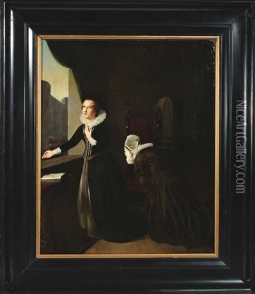 Maria Stuart Am Fenster Eines Historischen Interieurs, Den Blick Ergeben Zum Himmel Richtend Oil Painting - Hendrik Hollander