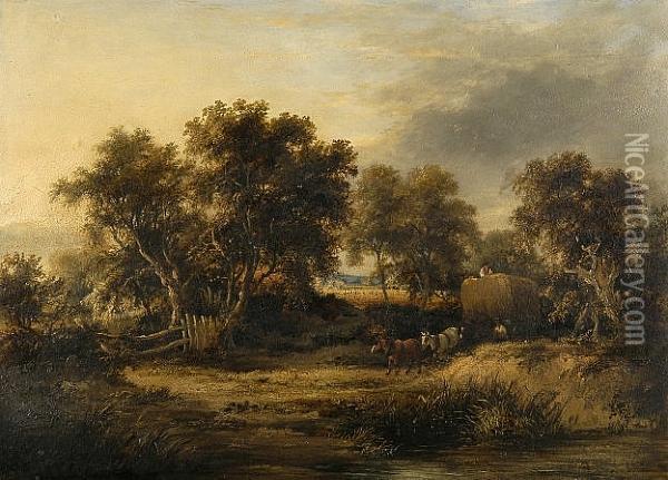 A Full Loaded Hay Wain On A Summer Lane Oil Painting - James Stark