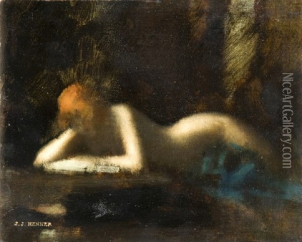 Etude Pour La Femme Qui Lit Ou La Liseuse (+ Une Etude De Femme Nue De Dos Au Crayon; Verso) Oil Painting - Jean Jacques Henner