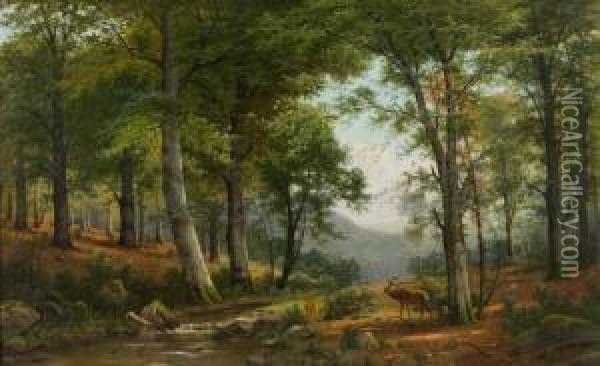 Hirsch Mit Reh Am Waldbach Oil Painting - Jacobus Johannes Van Poorten
