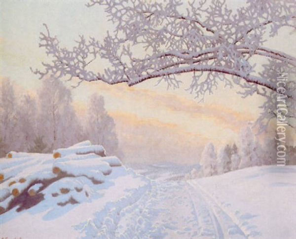 Sol Over Snotackt Landskap Oil Painting - Gustaf Fjaestad
