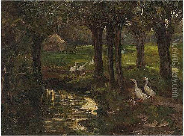Ducks On A Pond Oil Painting - Gwendoline Mary Hopton