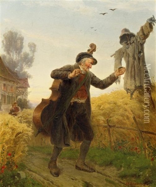 Der Alte Musiker Mit Seinem Kontrabas Oil Painting - Friedrich Hiddemann