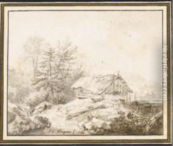 Un Paysage Montagneux Avec Une Chaumiere Oil Painting - Johann Georg Wagner