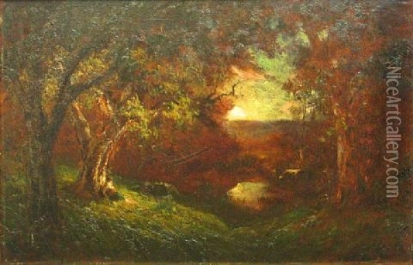 Wooded Landscape At Sunset Oil Painting - Jules R. Mersfelder