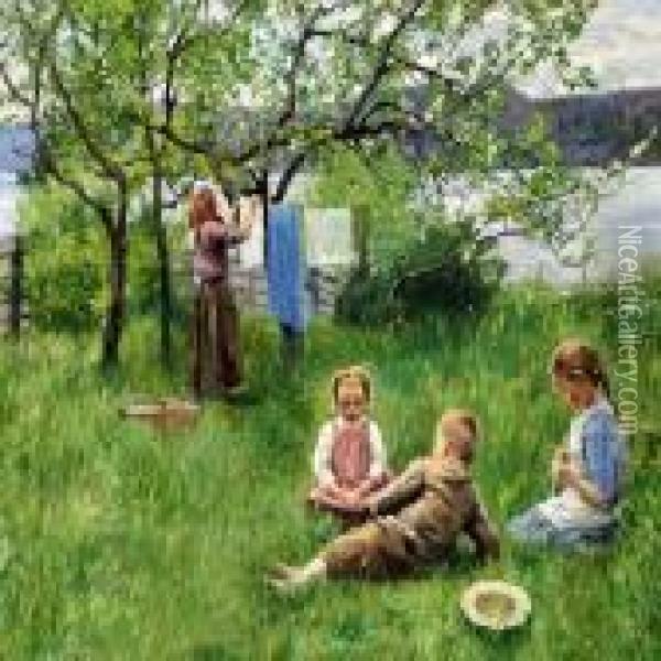 Three Children Playing In A Garden On A Summer's Day Hvidsten The Oslo Fiord Oil Painting - Paul-Gustave Fischer