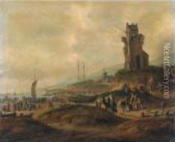 A View Of Scheveningen, With Fishermen Selling Their Catches Oil Painting - Thomas Heeremans