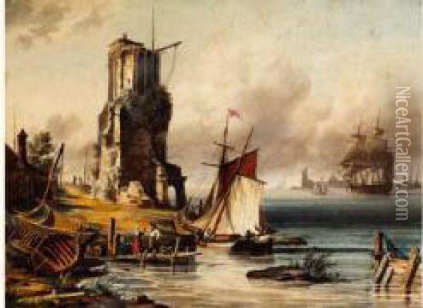 Port De Peche Avec Une Tour En Ruine, Barques Et Voilier Oil Painting - Ambroise-Louis Garneray