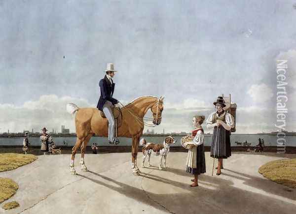 Gentleman on Horseback and Country Girl on the Banks of the Isar near Munich 1831 Oil Painting - Wilhelm Von Kobell