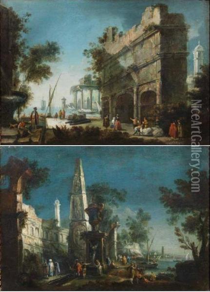 Capriccio Con Obelisco E Figure Oil Painting - Antonio, Tonino Stom