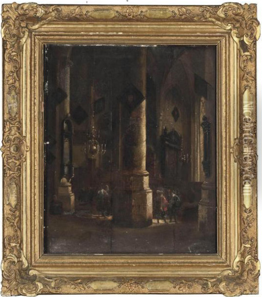 A Church Interior With Figures Conversing Oil Painting - Emanuel de Witte