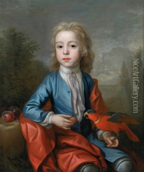 Portrait Of A Boy Feeding Plums To A Crimson Rosella Oil Painting - Charles d' Agar