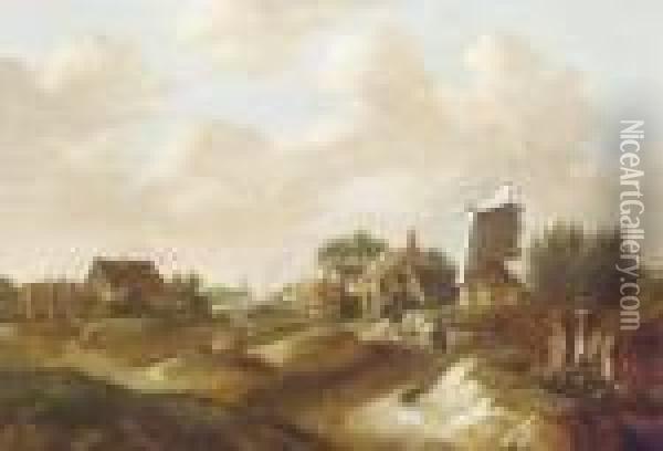 A Country Village With A Windmill And Travellers On A Path Oil Painting - Claes Molenaar (see Molenaer)