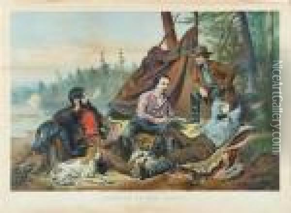 Camping In The Woods, Laying Off Oil Painting - Currier & Ives Publishers