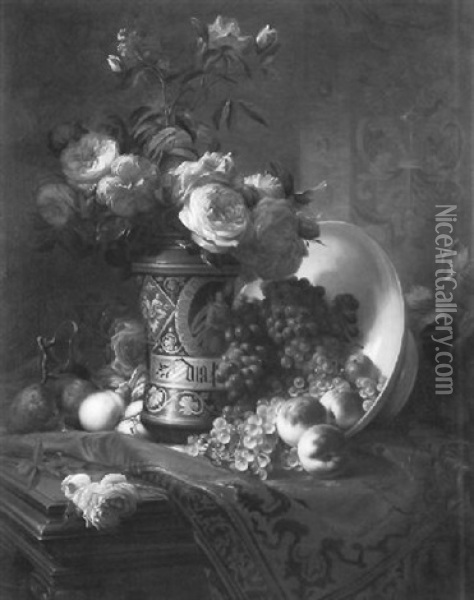 Fruit And Floral Still Life Atop A Table Oil Painting - James MacMaster