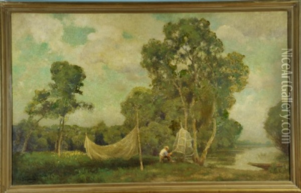 Netzflicker Am Seeufer Oil Painting - Julius Hugo Bergmann