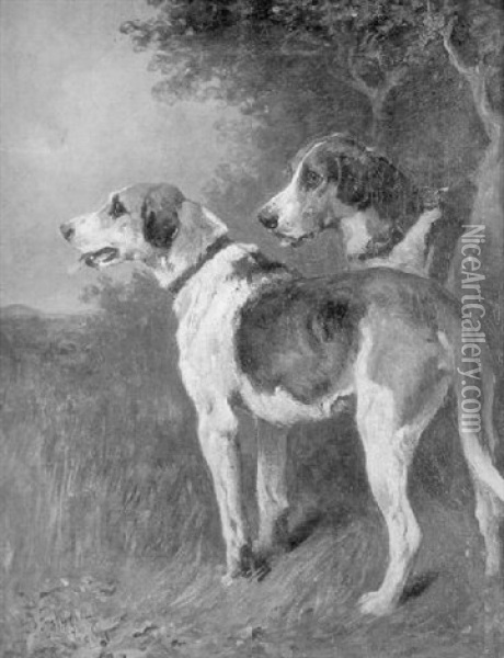 Two Fox Hounds In A Landscape Oil Painting - John Emms
