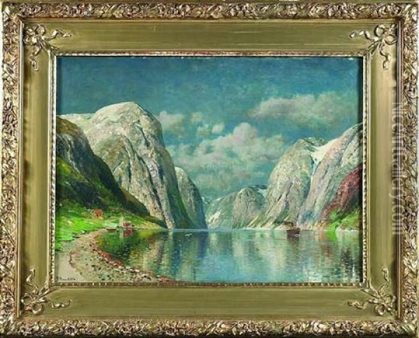 Sommerliche Fjordlandschaft Mit Einem Dampfschiff Zwischen Den Gewaltigen Bergen Oil Painting - Niels Christian Hansen