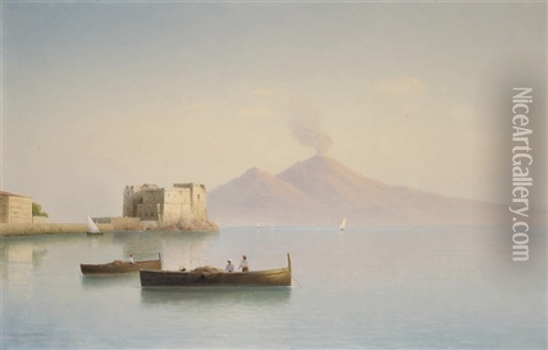 The Old Harbour, Sorrento With Vesuvius Beyond Oil Painting - Gavril Pavlovich Kondratenko