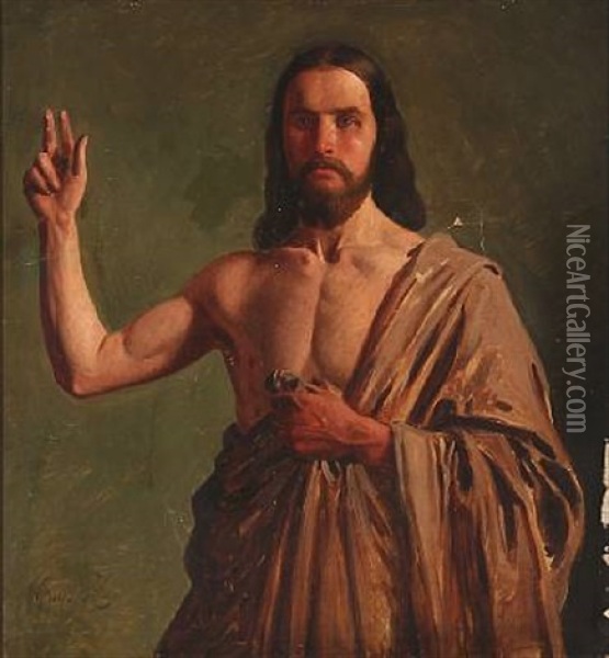 Jesus (study For The Altarpiece From 1866 At Slaglille Church, Denmark) Oil Painting - Constantin (Carl Christian Constantin) Hansen