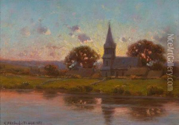 Sunset Over The Church Steeple Oil Painting - Hiram Peabody Flagg