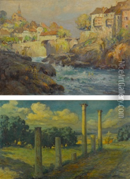 The Rapids, Laufenburg, Switzerland And Columns In Landscape: Two Works Oil Painting - Colin Campbell Cooper