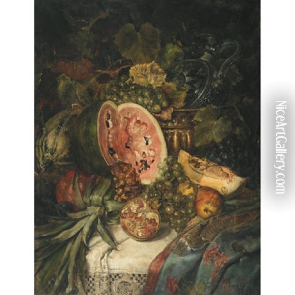 Still Life Of Watermelon, Grapes, Pomegrantes, Pineapple And Brass On A Lace Covered Ledge Oil Painting - Josef Fux
