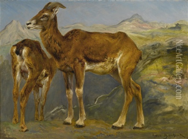 A Sketch Of Two Mountain Goats In A Landscape Oil Painting - Rosa Bonheur