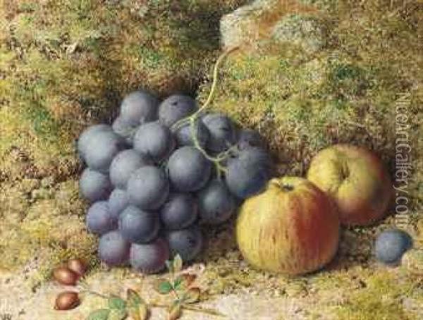 Still Life Of Red Grapes, Apples And Rosehips On A Mossy Bank Oil Painting - William Hughes