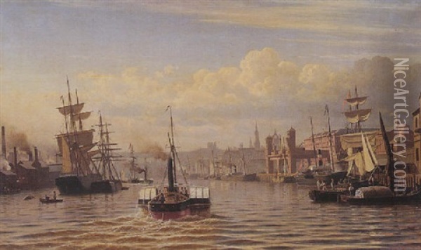 Shipping On The River Tyne, Newcastle Oil Painting - Christian Frederic Eckardt