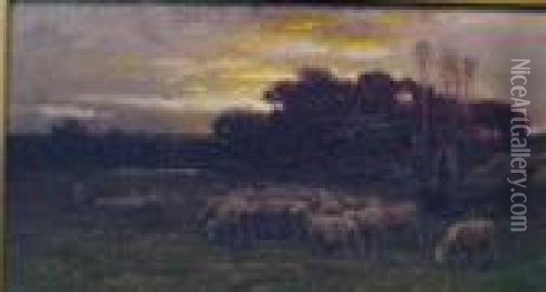 Sheep Grazing At Sunrise Oil Painting - John Carleton Wiggins
