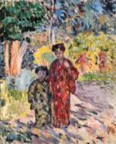 Marthe Et Nono En Japonaises (marthe And Nono Dressed In Japaneseclothes) Oil Painting - Henri Lebasque