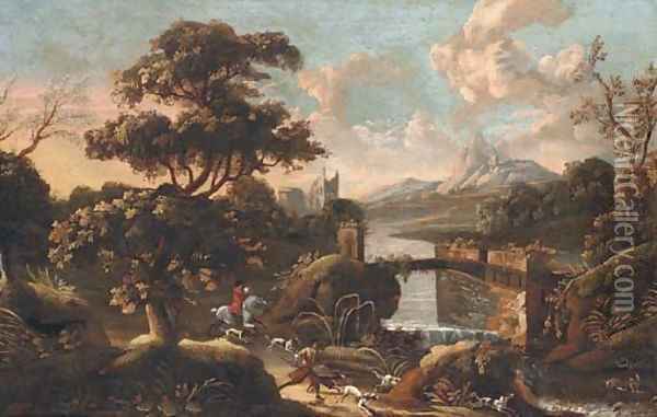 An extensive Italianate landscape with a stag hunt in the foreground Oil Painting - Jan Wyck