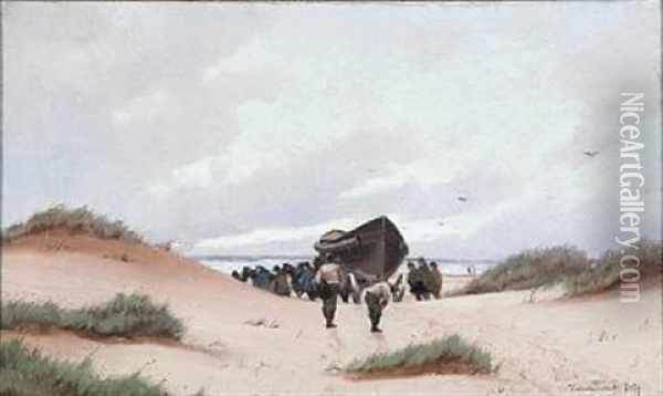 The Lifeboat Is Drawn Through The Dunes Oil Painting - Oscar Herschend