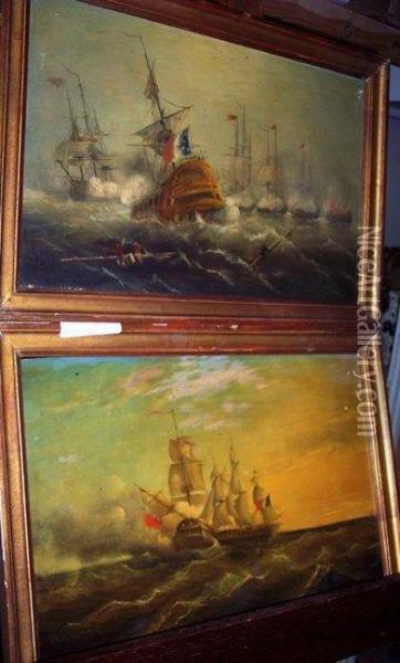 Naval Engagements In The Napoleonic Wars, Possibly Trafalgar Oil Painting - Thomas Buttersworth
