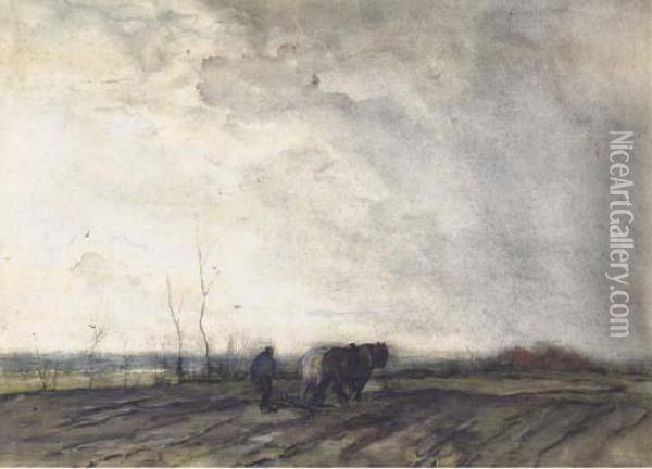 A Farmer Ploughing A Field Oil Painting - Jacob Henricus Maris