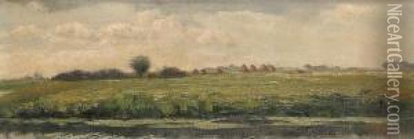 Landscape With Haystacks And Water Oil Painting - Octaaf Soudan