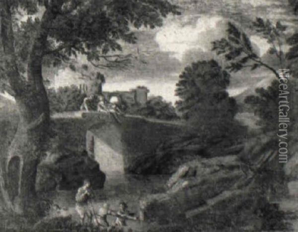 A Classical Landscape With Figures Sitting On A Bridge Watching Figures Oil Painting - Paolo Anesi