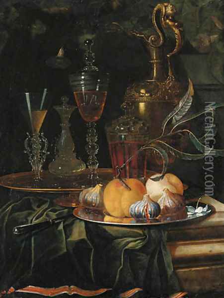 Figs and peaches on a pewter platter, glasses of wine on a gold dish, an ornamental silver-gilt ewer and a knife on a partly draped ledge Oil Painting - Christian Berentz
