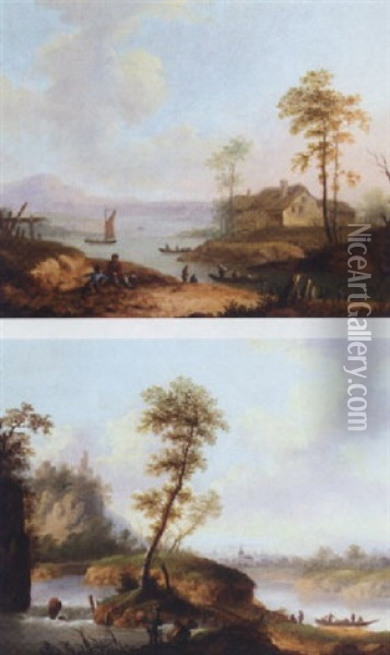 A River Landscape With Fishermen Beside A Weir, A Church Beyond Oil Painting - Christian Georg Schuetz the Younger